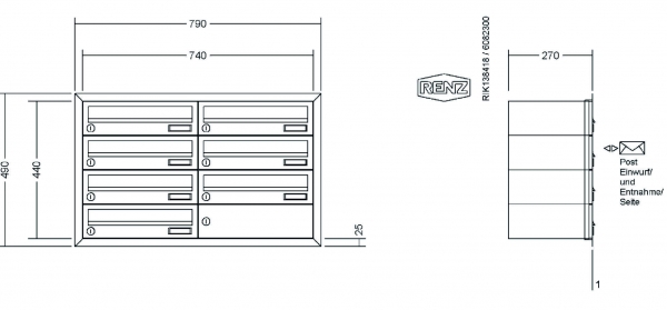 RENZ Briefkastenanlage Unterputz, Eckrahmen, Edelstahl V4A, Kastenformat 370x110x270mm, 7-teilig